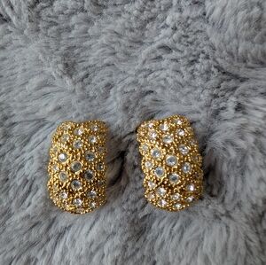 Vintage Gold Tone Metal And Rhinestone Semi Hoop Clip Earrings